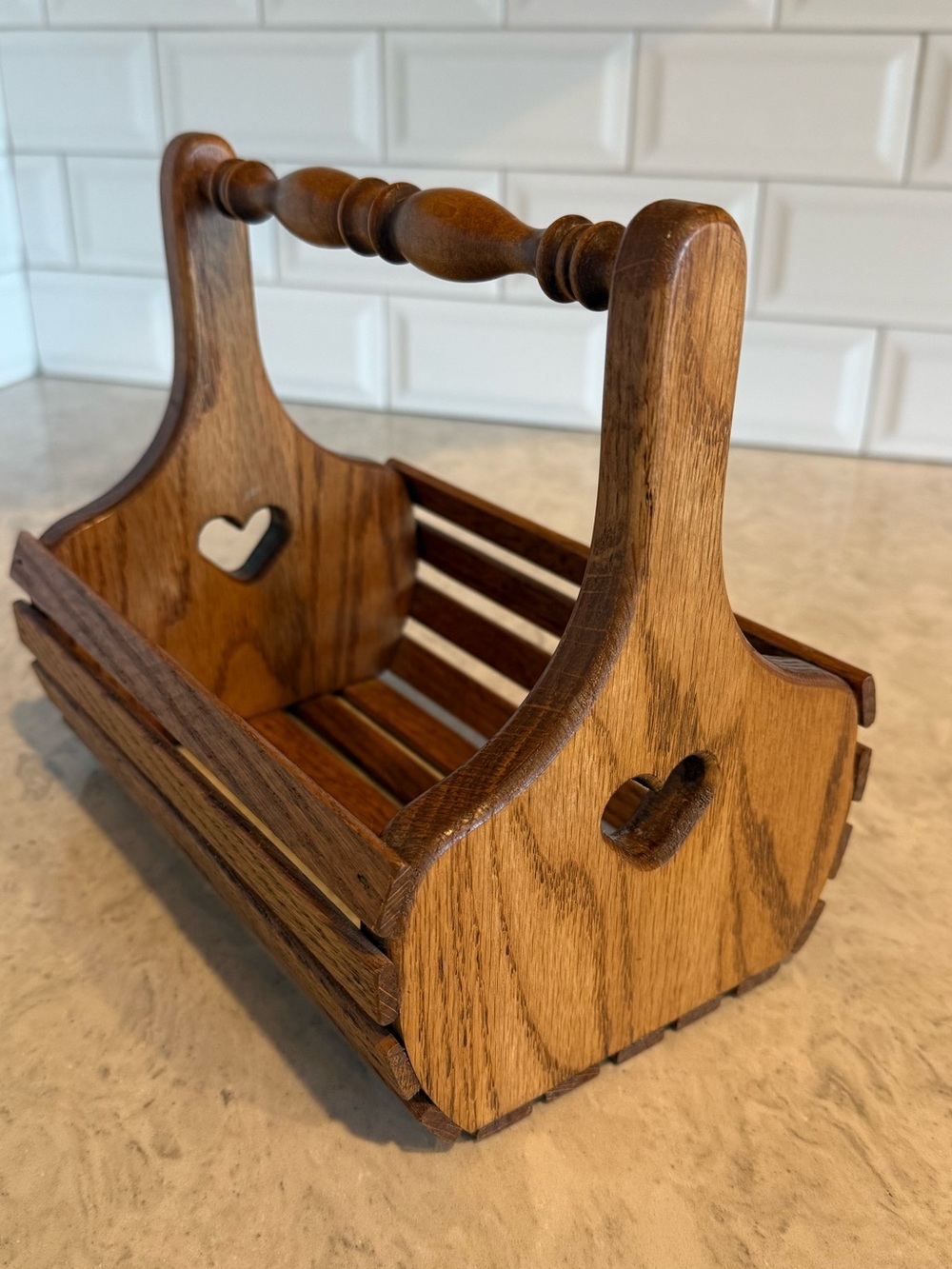 Wood Basket Caddy with Heart Cutout and Handle